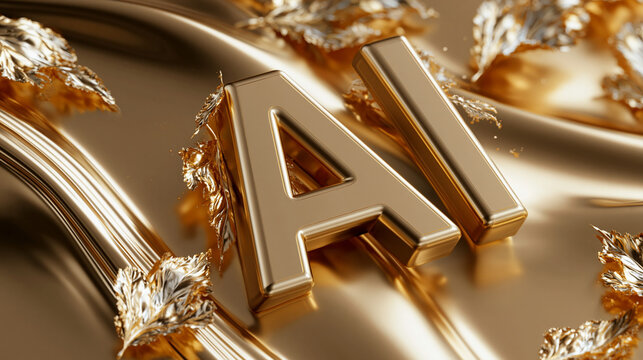 Goldene Buchstaben AI liegen auf gl&auml;nzend goldener Metalloberfl&auml;che