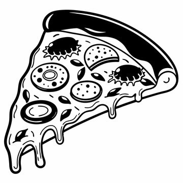 Pizza wedge with thick crust and melted cheese strings is depicted as a high contrast black and white vector illustration.