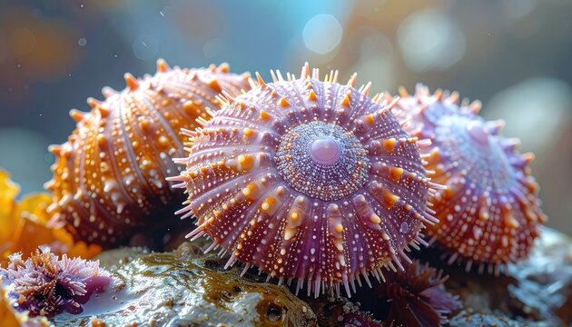 Close-up of a cluster of vibrant sea urchins on a coral reef.