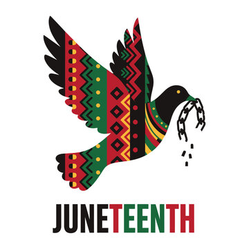 Colorful juneteenth celebration dove breaking chains with patterned wings