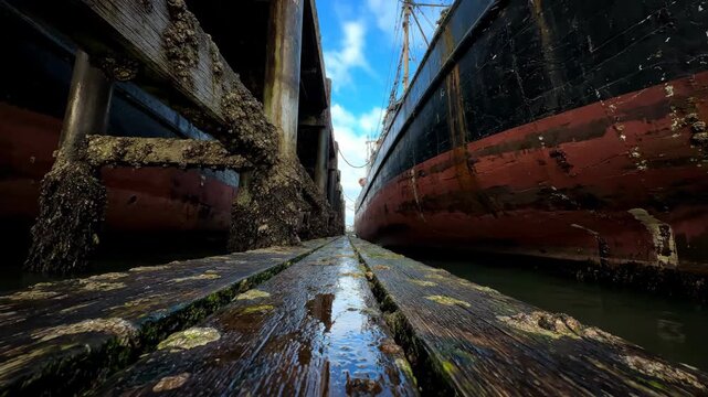 A weathered wooden pier leads to docked ships while barnacles cling to pilings under a blue sky