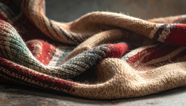 Close-up of a richly textured, folded textile with intricate patterns and warm colors.
