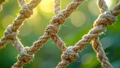 Fototapeta premium Close-up of a Thick Rope Netting with Knots Against a Blurred Green Background.