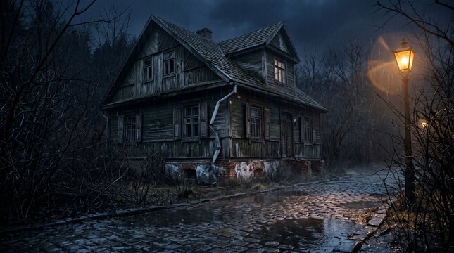 Cinematic establishing shot of an old two-story wooden house on a dark rainy evening