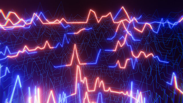 Red and blue neon stock market charts fluctuating on dark background, visualizing financial data analysis