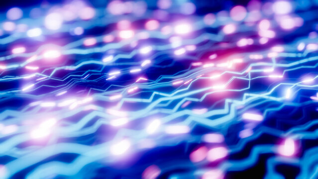 Complex network of glowing neon color lines forming a technological pattern on a dark background