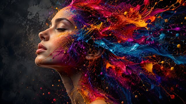 Vibrant artistic digital portrait of a woman profile with colorful liquid paint exploding from her face and hair. Perfect for creative agency brochures, art school posters, and wallpapers.