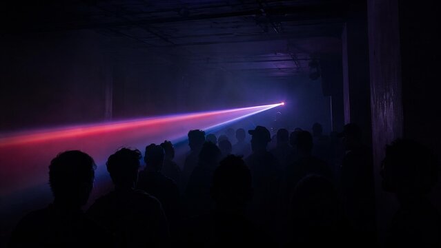 thump. Dark underground club with single colorful laser beam through haze. lifestyle magazines, social media lookbooks, designed for lifestyle magazines and social media content, inspires lifestyle.