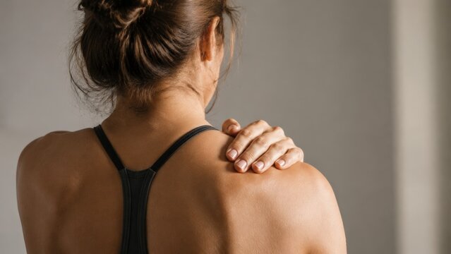 A close-up image showing a woman's shoulder pain with a red highlight, highlighting the specific area of muscle soreness and potential joint injury