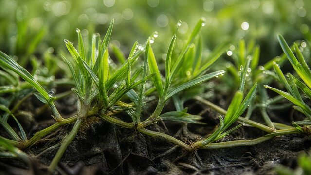 stolon. Lush green lawn with stolon network connecting grass clusters, morning dew. gardening catalogs, home-decor guides, designed for gardening and botanical catalogs, enhances decor appeal.