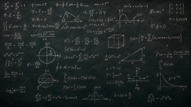 Intricate digital graphic simulating a classroom chalkboard filled with complex math and physics formulas. Great for university education banners, science articles, and textbook designs.