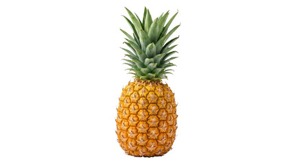 Whole ripe pineapple with green leaves and textured yellow skin fruit isolated on transparent background.
