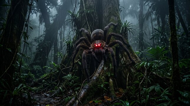 crea una ara&ntilde;a gigante en el amazonas, con arboles altos,neblina y una ara&ntilde;a con ojos rojos mirandome