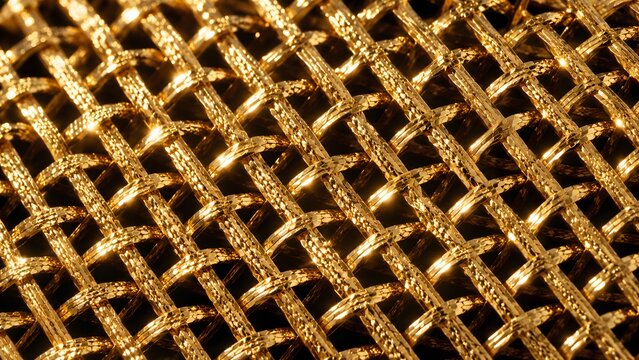 A high resolution digital rendering of an interwoven golden metal wire pattern with shiny texture. This design is suitable for luxury branding backgrounds, graphic templates, or banners.