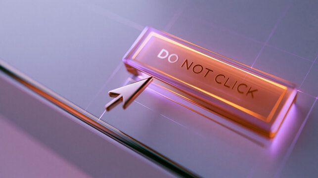 Computermonitor zeigt roten Button mit Aufschrift DO NOT CLICK und Mauszeiger