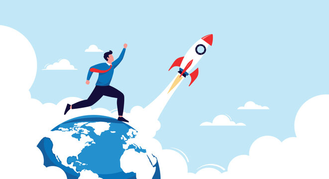 Ambitious businessman runs atop a giant globe while a powerful rocket takes off signifying global business success and expansion.