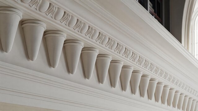 entablature. Classical architecture cornice featuring conical guttae details under soft window light. real-estate listings.