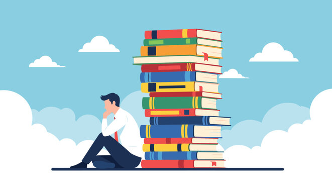 Overwhelmed student or businessman sits dejectedly on the floor next to a massive stack of colorful educational books.