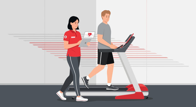 Doctor Monitors Patient on Treadmill During Cardiac Stress Test, Health Checkup