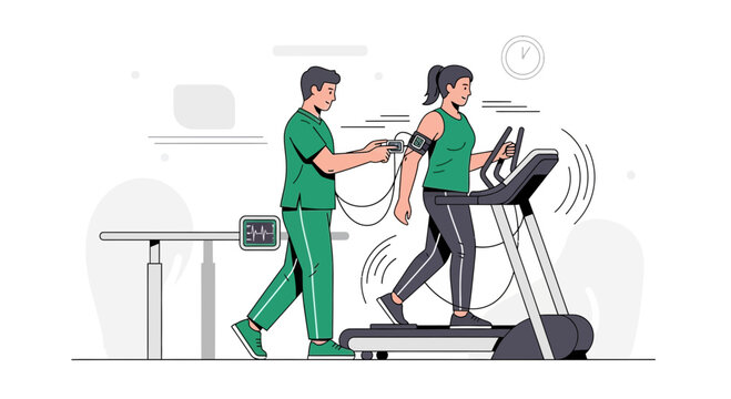 Doctor monitors patient on treadmill during stress test for heart health checkup