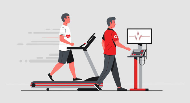 Doctor monitors patient on treadmill during stress test with ECG display