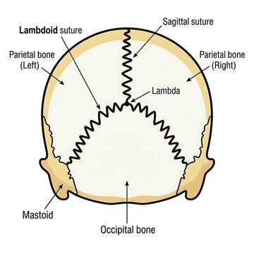 Human skull top view with labeled sutures and bones.