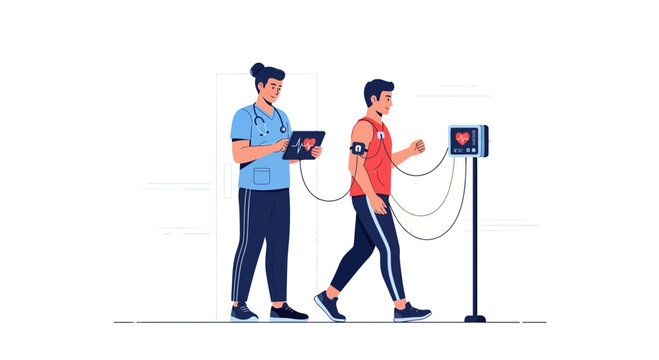 Doctor monitors patient's heart rate during treadmill stress test for cardiac health checkup