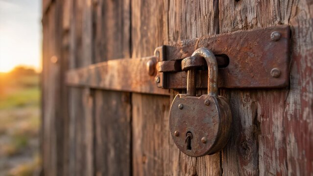 hasp. A weathered rusty hasp and padlock on a rustic barn door. real-estate listings, architecture portfolios, designed for interior renovation comparisons for interiors.
