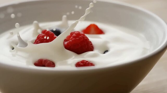 Fresh raspberries and blueberries falling into a bowl of creamy yogurt with rhythmic splash, loopable slow motion