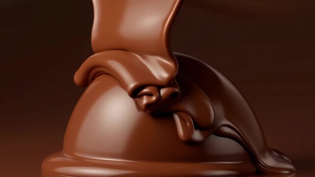 Close up of constant flow of melted chocolate coating a sweet truffle candy for marketing