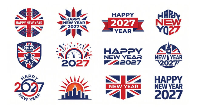 British themed happy new year 2027 label and badge collection with union jack big ben celebration template fireworks insignia calendar anniversary seasonal collection abstract