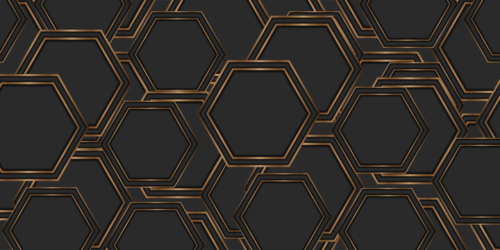 Luxury abstract dark grey background filled with overlapping bronze metallic hexagon patterns. Elegant modern tech seamless geometric backdrop design.