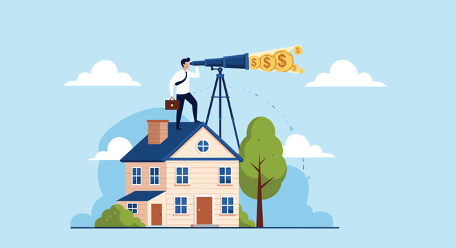 Successful businessman standing on his house and using a large telescope on a tripod to observe flying money in the sky.