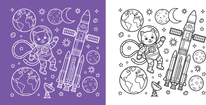Astronaut cat in space illustration with rocket planets and stars for kids coloring book pages