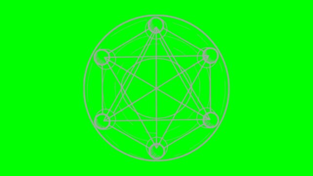 hand drawn metatron cube sacred geometry animation with blinking white light on green screen chroma key background for video editing and motion graphics overlay
