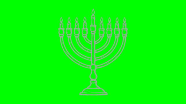 hand drawn style menorah animation with flickering white light illumination and green chroma key background. Detailed vector motion asset for holiday projects