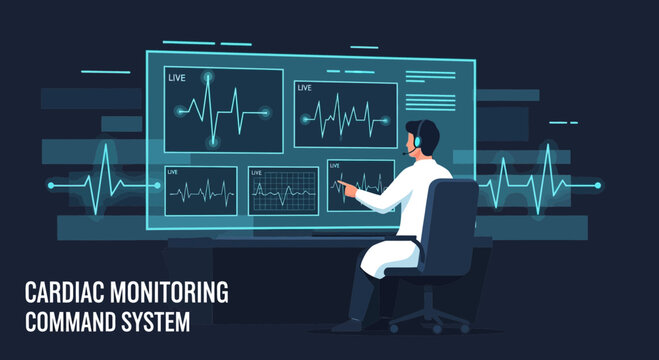 Cardiac Monitoring Command System: Doctor analyzing vital signs on futuristic holographic display