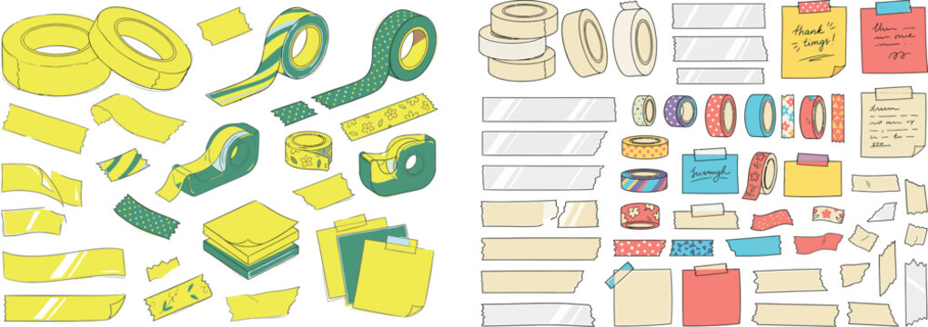 Assorted adhesive tapes and sticky notes in a flat lay arrangement with a clean background
