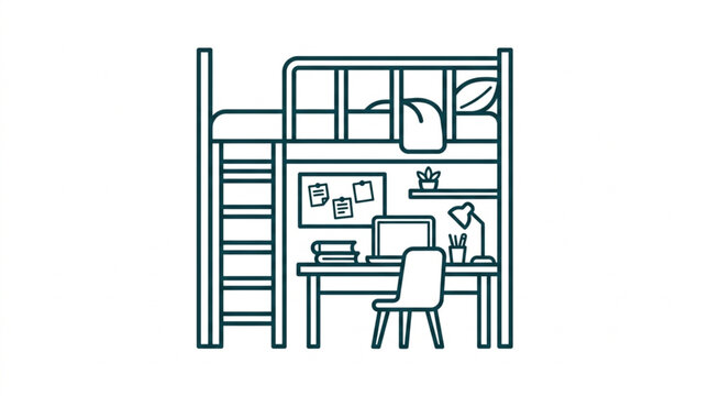 Loft bed with desk and chair in a dorm room setting.