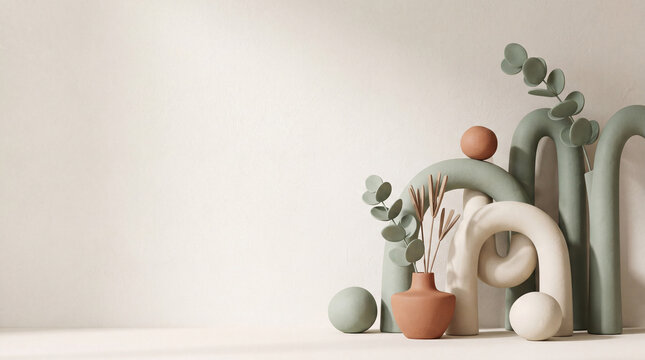 Abstract 3D rendering background with minimalist sage green and cream organic clay shapes and architectural elements with copy space. Generative AI.