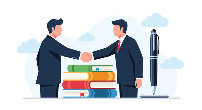 Two professional businessmen shaking hands to finalize a legal agreement or educational partnership over a stack of colorful books.