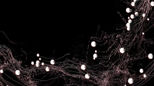 Data transfer streams. Delicate white glowing particles connected by fine threads across a black background, creating a futuristic network effect