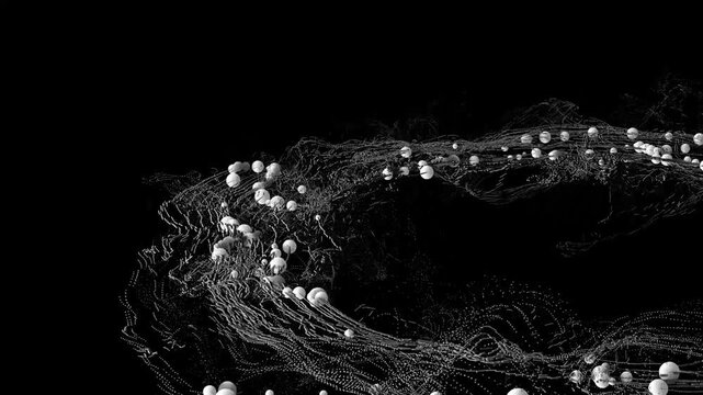 Streams of data, particles, White particle clusters and flowing filament lines forming an abstract wave pattern on a dark background.