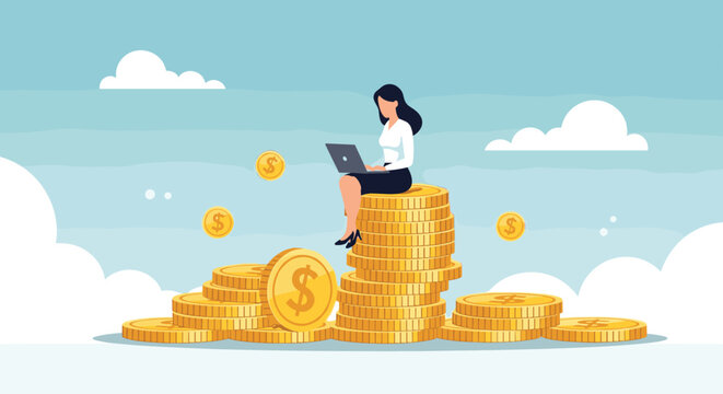 Successful businesswoman sitting on a high stack of gold coins and using her laptop to manage her financial portfolio and wealth.