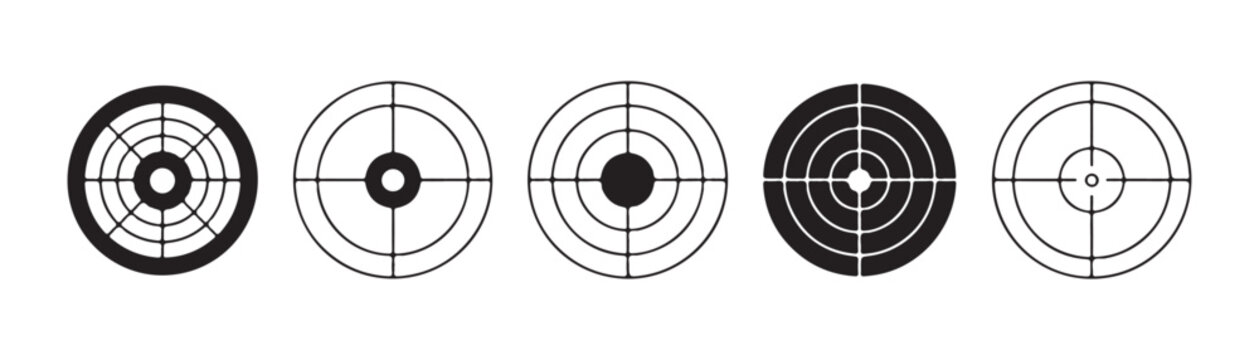 Set of five black target icons with different reticle patterns for aiming and shooting on white background.
