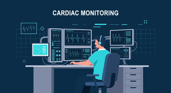 Cardiac Monitoring Technician Overseeing Patient Vital Signs on Multiple Screens
