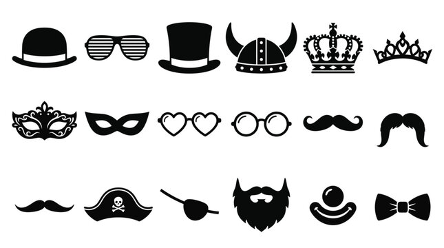 A black and white vector illustration featuring various party accessories including hats masks and facial hair