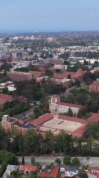 University of California Los Angeles campus in Westwood, Los Angeles showing Royce Hall, Pauley Pavilion, surrounding neighborhood