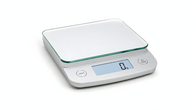 A high resolution studio photograph of an electronic digital kitchen scale with a sleek glass platform on a white background. Suitable for healthy baking blogs or product catalogs.