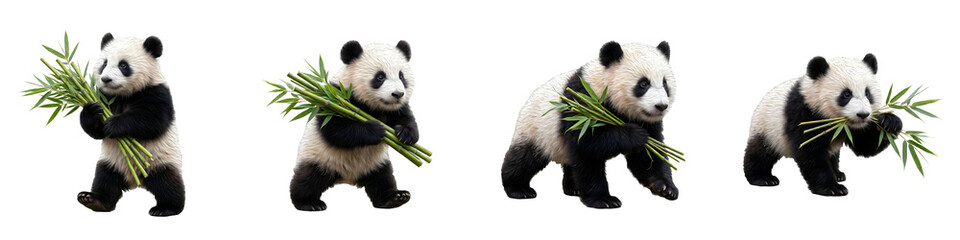 Set of Four Giant Pandas Eating Bamboo Stalks: Adorable Black and White Bears Isolated on White Background for Wildlife and Nature Stock Photography Concepts © Dynamic Shoots